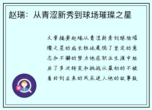 赵瑞：从青涩新秀到球场璀璨之星